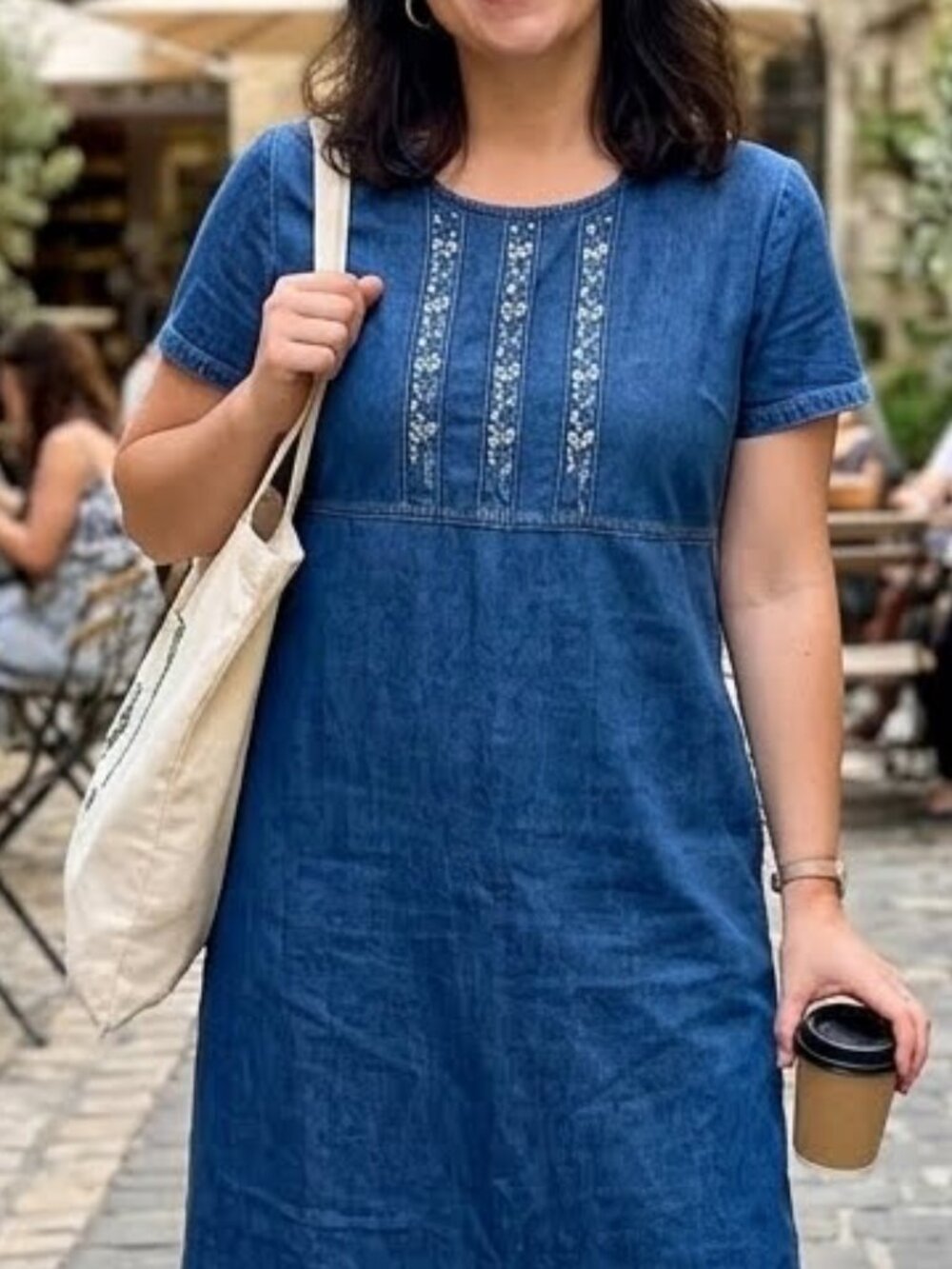 Vintage Uni Mondo Women's Denim Midi Dress Size 14P Short Sleeve Embroidery